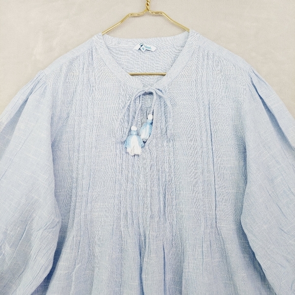 Blue Islands Blue Cotton Puff Sleeve Drawstring Blouse Top P348 - Picture 3 of 8